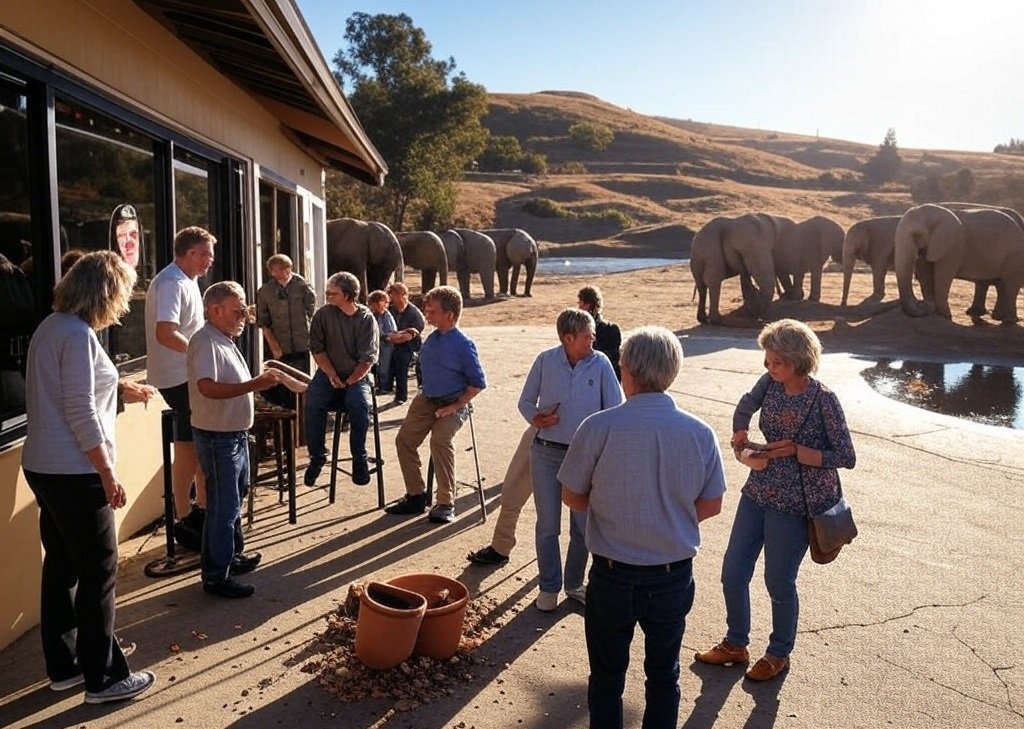 A group of people stands outside a building, observing African elephants in a protective ‘alert circle’ around their calves at the San Diego Zoo Safari Park.