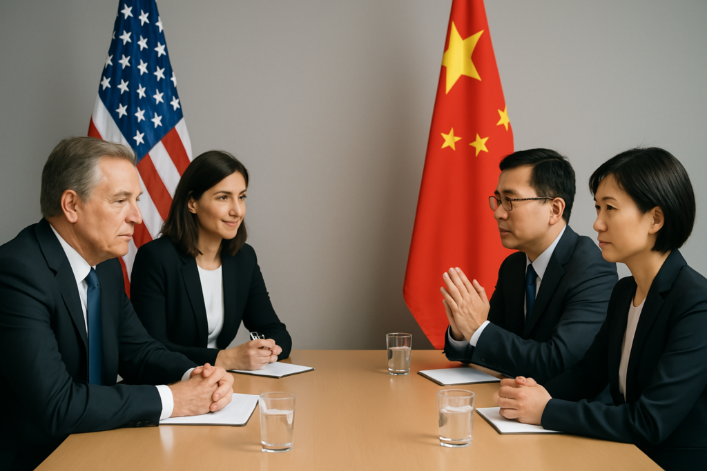 Diplomats negotiating at a table, symbolizing potential resolution of the China-US tariff war.