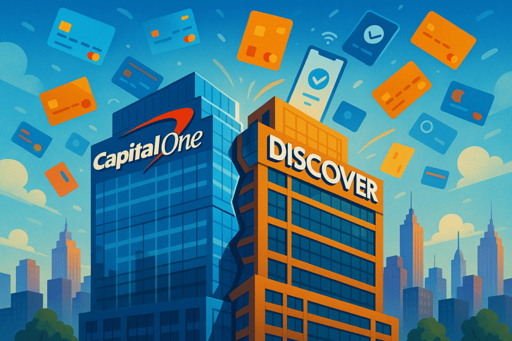 Capital One and Discover logos merging superhero-style over a city with credit cards and payment icons.