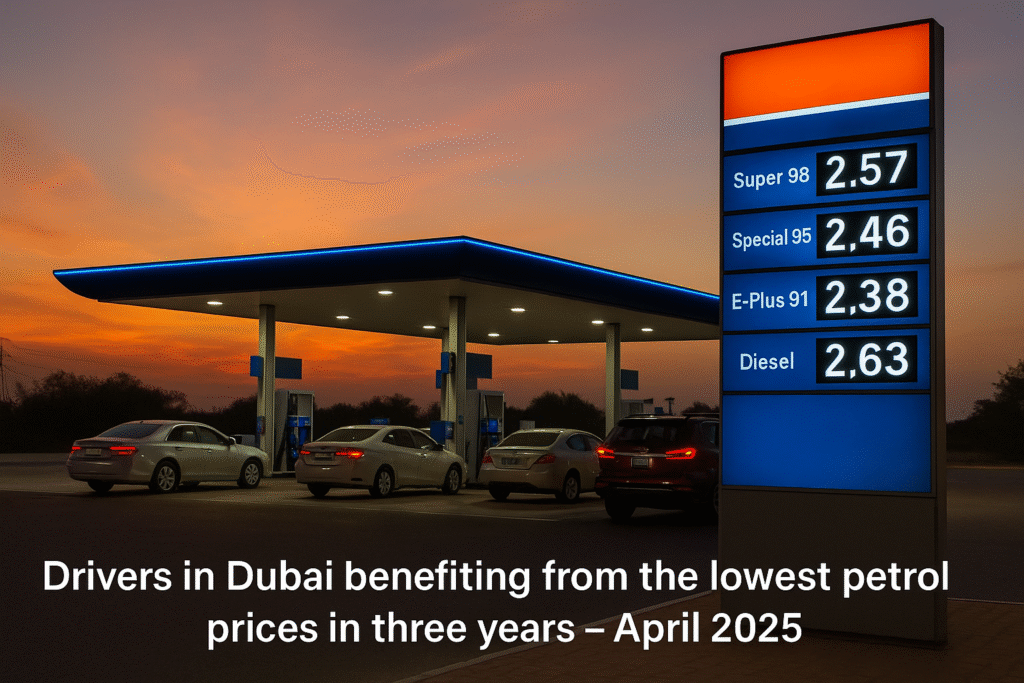 Gas station in Dubai showing April 2025 petrol prices in AED during sunset.