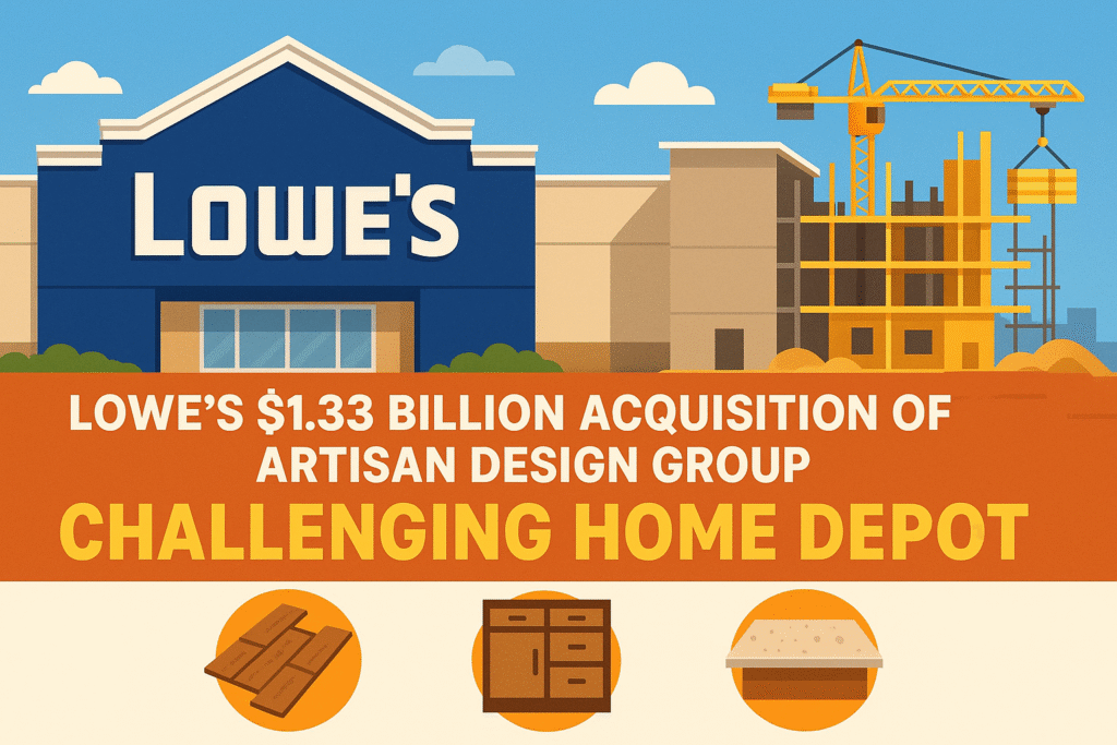 Infographic of Lowe’s $1.33B acquisition of Artisan Design Group, featuring a Lowe’s store and construction site, highlighting the pro contractor market and Home Depot competition.