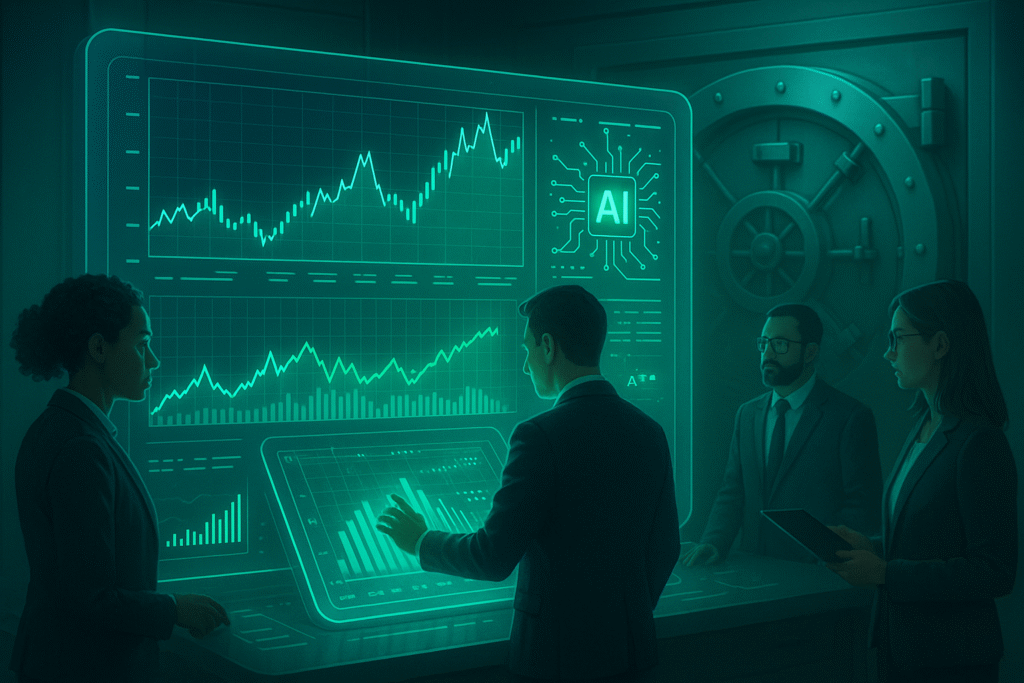 A futuristic digital dashboard with holographic financial charts, surrounded by professionals collaborating in a high-tech banking environment, showcasing AI-driven finance solutions.