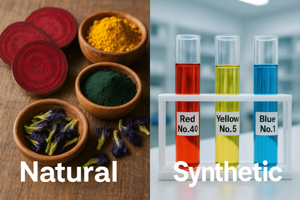 A split-screen image contrasting natural and synthetic food dyes. Left side shows beets, turmeric, spirulina, and butterfly pea flowers on a wooden table. Right side displays test tubes with Red No. 40, Yellow No. 5, and Blue No. 1 in a lab. Text labels “Natural” and “Synthetic” appear on each side.