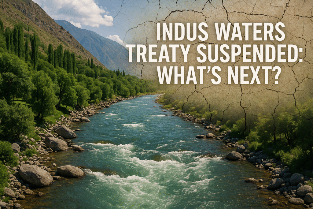 Indus River with a cracked treaty document overlay, symbolizing India’s suspension of the Indus Waters Treaty in 2025.