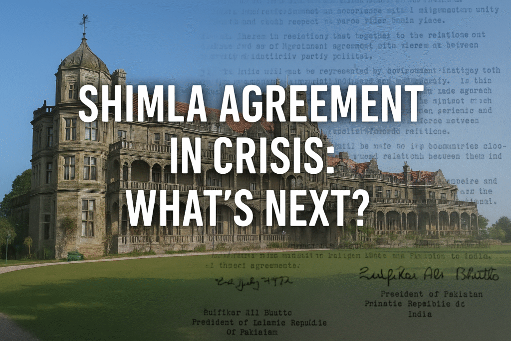 Shimla Conference venue with a faded agreement overlay, symbolizing the Shimla Agreement under strain in 2025.