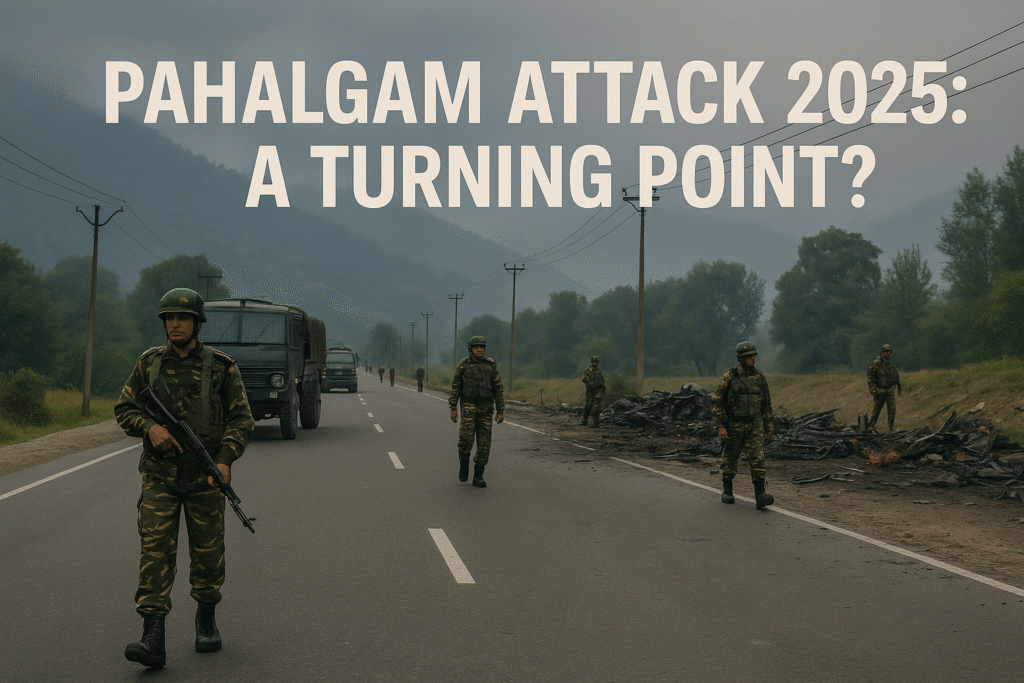 Security forces at the Pahalgam attack site in 2025, symbolizing the escalating India-Pakistan tensions.