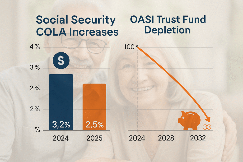 Chart comparing 2024 vs 2025 social security benefits COLA and trust fund depletion by 2033.