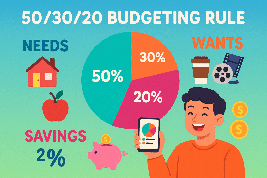 Infographic of the 50/30/20 budgeting rule for personal finance, showing needs, wants, and savings