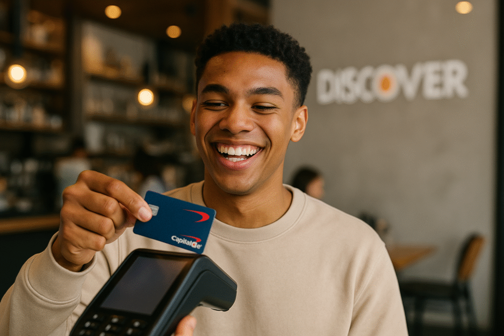 Gen Z-er tapping a Capital One card at a café POS terminal with a Discover logo in the background.