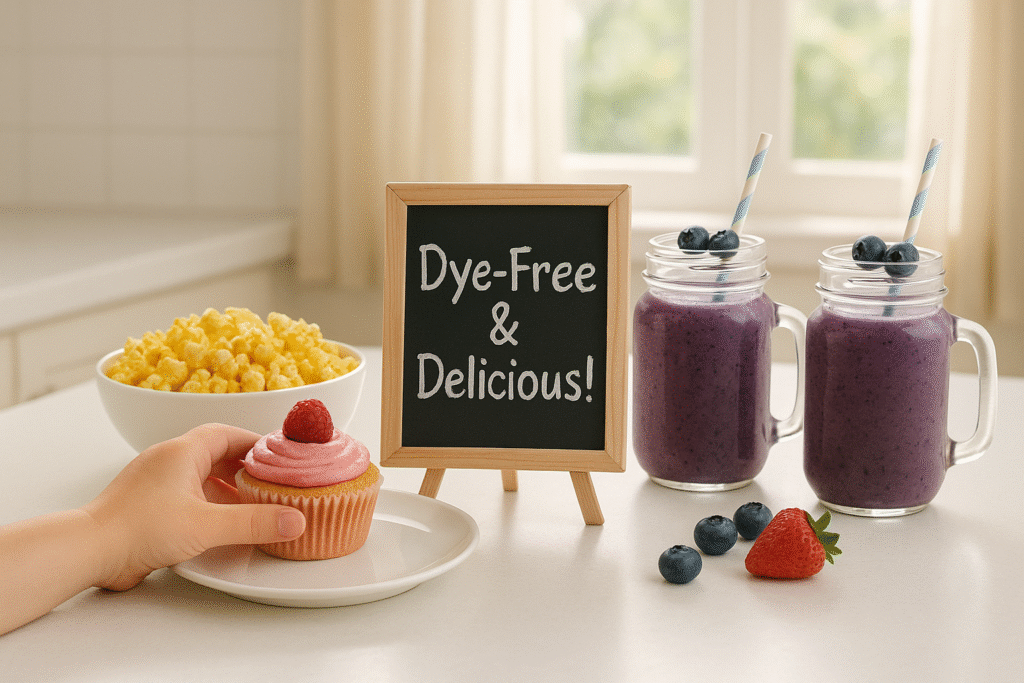 A split-screen image contrasting natural and synthetic food dyes. Left side shows beets, turmeric, spirulina, and butterfly pea flowers on a wooden table. Right side displays test tubes with Red No. 40, Yellow No. 5, and Blue No. 1 in a lab. Text labels “Natural” and “Synthetic” appear on each side.