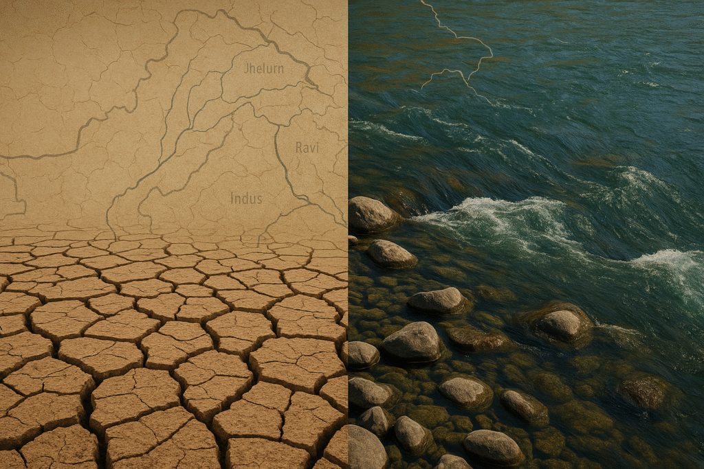 Split image of a dry riverbed and a flowing river, with a map of the Indus River system, highlighting the impact of the Indus Waters Treaty suspension.