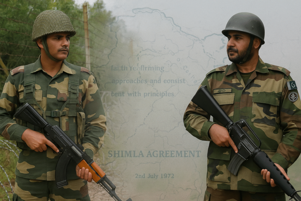 Split image of soldiers at the LoC with a Shimla Agreement overlay, highlighting the Shimla Agreement under strain in 2025.