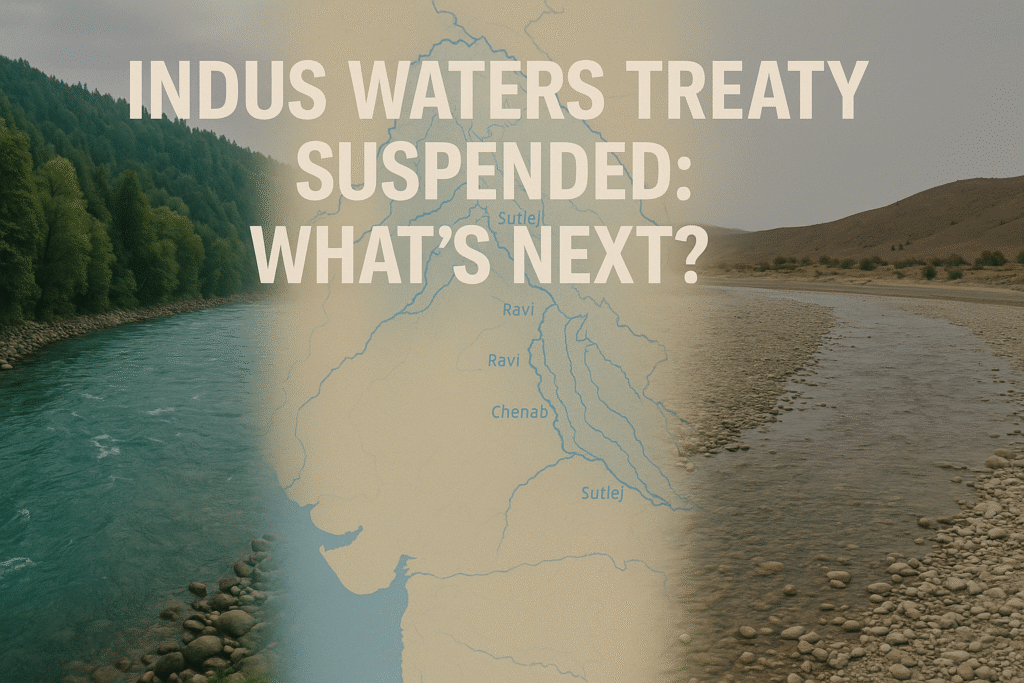 Split image of the Indus River and a dry riverbed, highlighting the impact of the Indus Waters Treaty suspension in 2025.