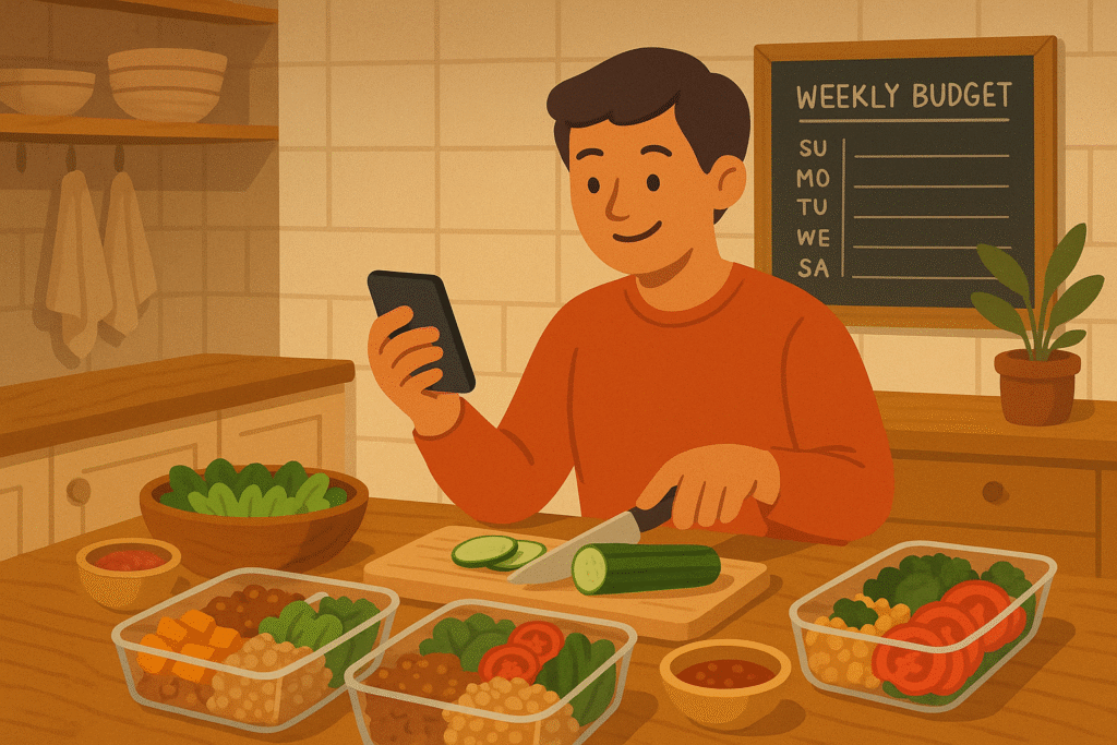 Person meal-prepping in a cozy kitchen with a chalkboard budget plan, showcasing frugal living for personal finance and budgeting.