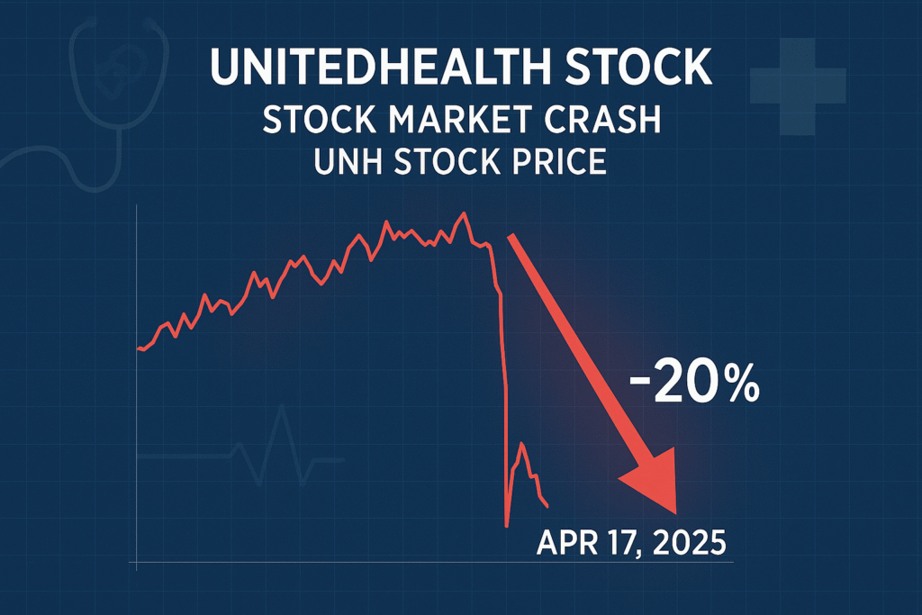 Dynamic stock market chart showing a 20% UnitedHealth stock price drop on April 17, 2025, with a red arrow highlighting the UNH stock crash, featuring healthcare symbols like a stethoscope in the background.