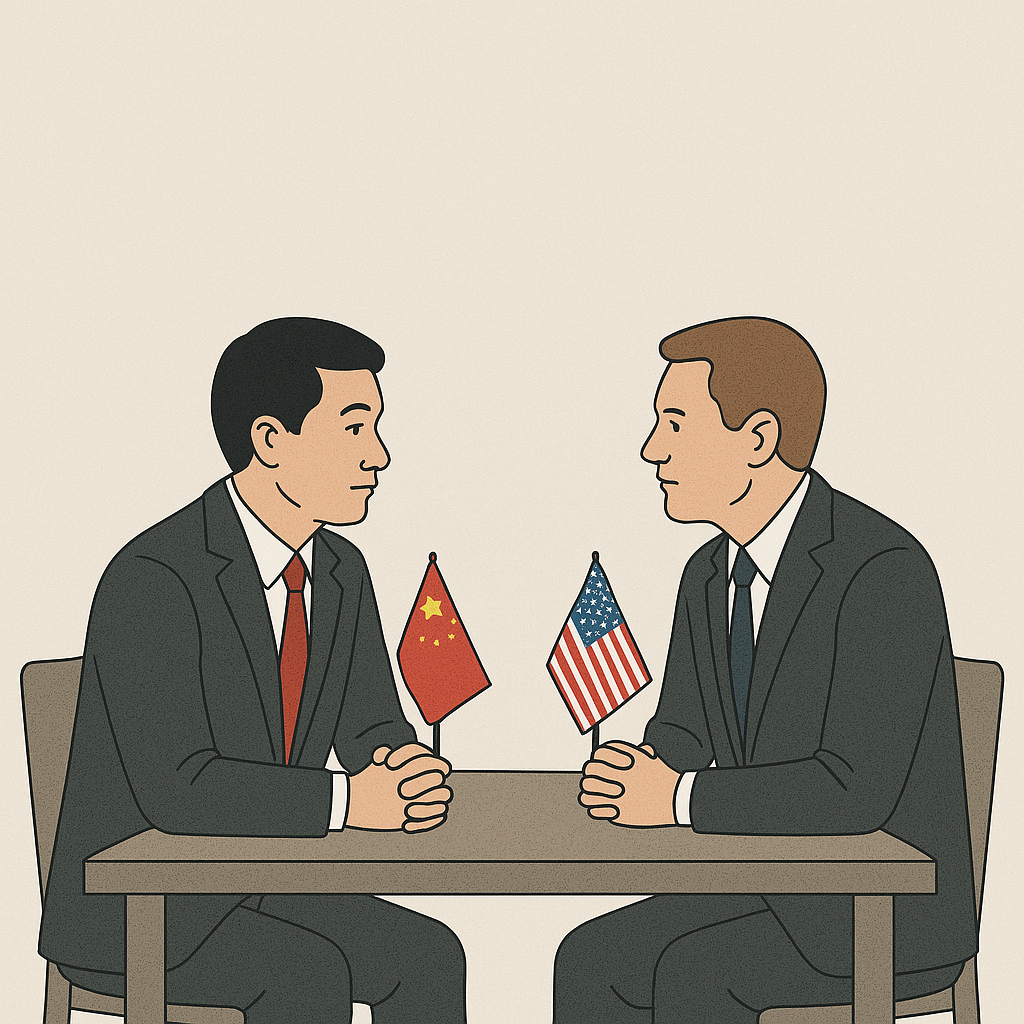 Diplomats negotiating at a table, symbolizing potential resolution of the China-US tariff war.