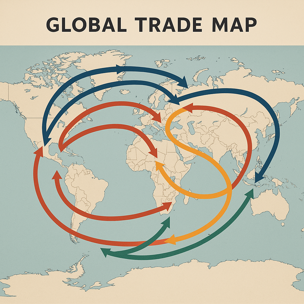 World map of trade routes or shipping containers representing the China-US tariff war impact on global commerce.