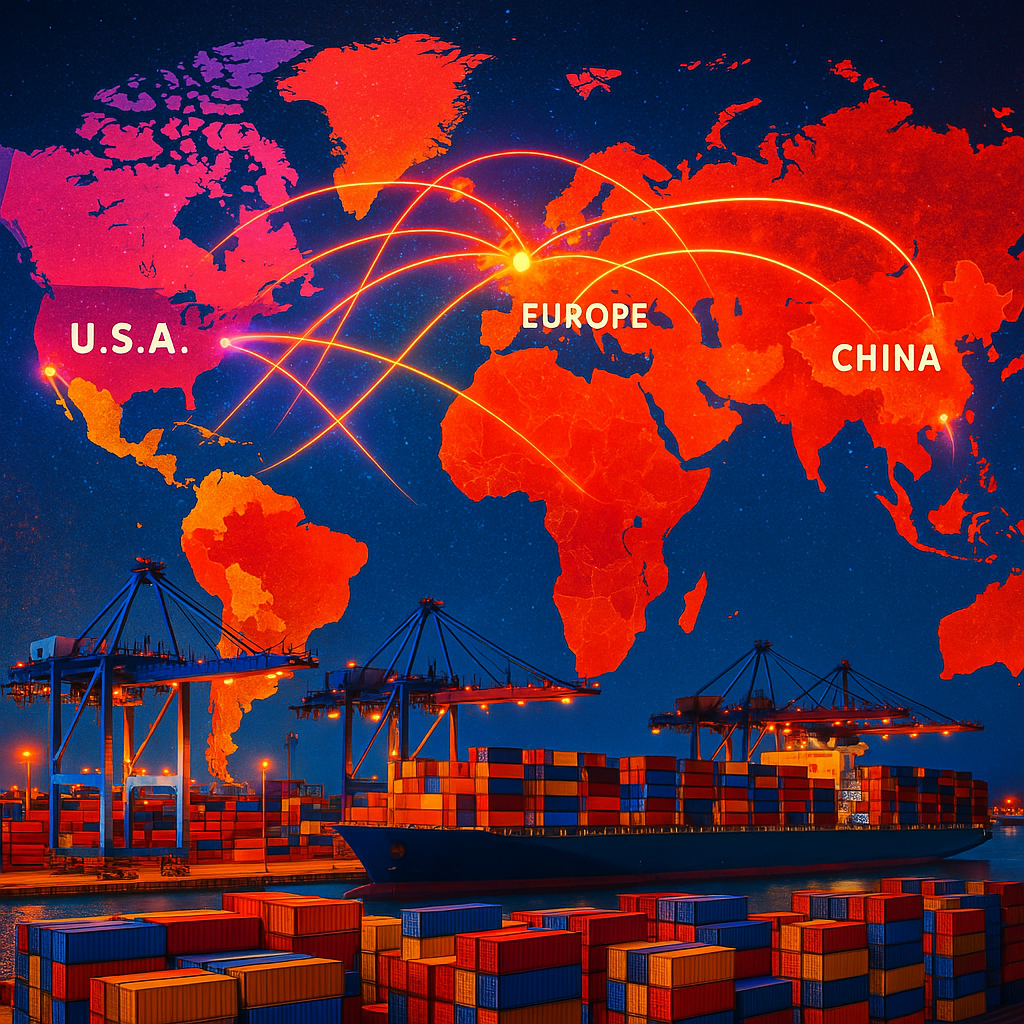 Vibrant global trade map or port scene highlighting the 2025 US-China tariff war’s impact.