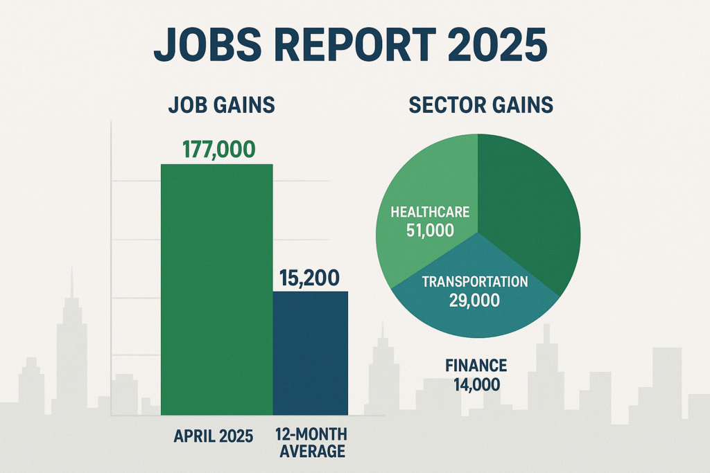 Infographic showing jobs report 2025 data with job growth comparison and sector gains.