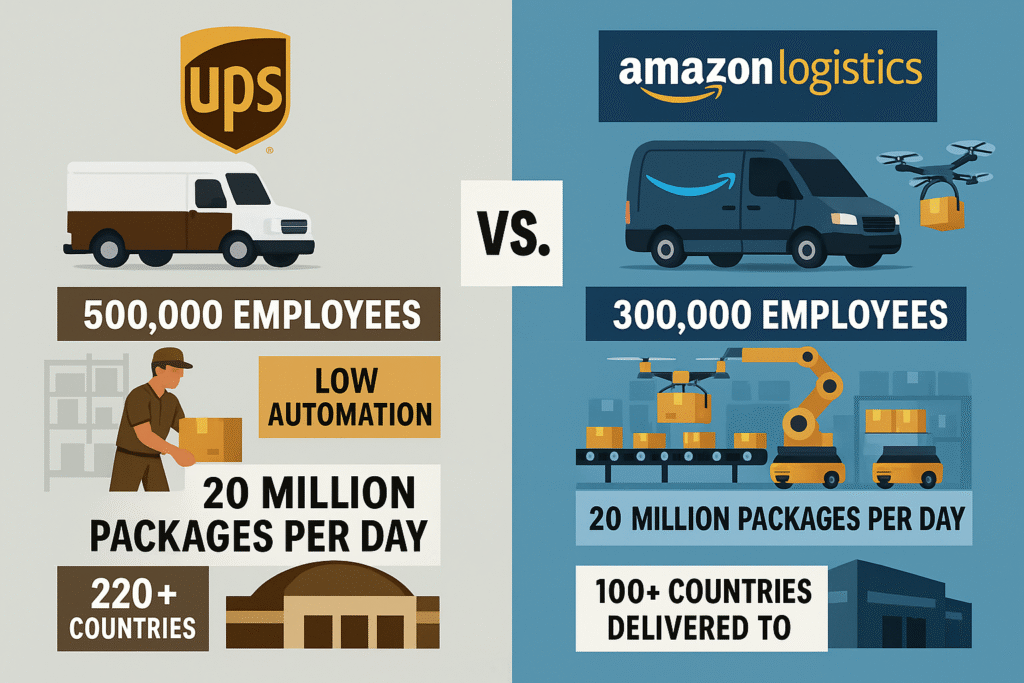 Infographic showing the comparison of UPS and Amazon Logistics by workforce size, automation, parcel volume, and global delivery network.