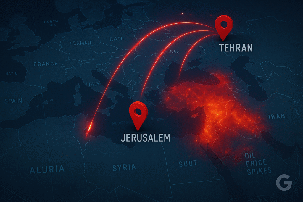 Digital line chart showing red line for Google stock dropping and gold line rising during Israel-Iran conflict, with cityscape background.